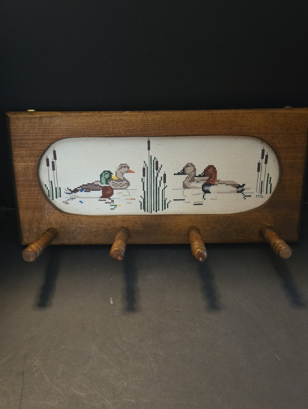 Vintage Wooden Wall Hook Rack with Mallard Ducks Embroidery - Brown and Green